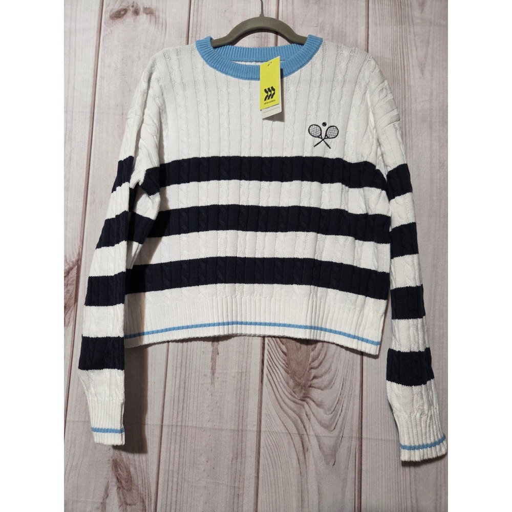 All in Motion Womens Large Cable Knit Tennis Sweater Navy White Striped Cotton